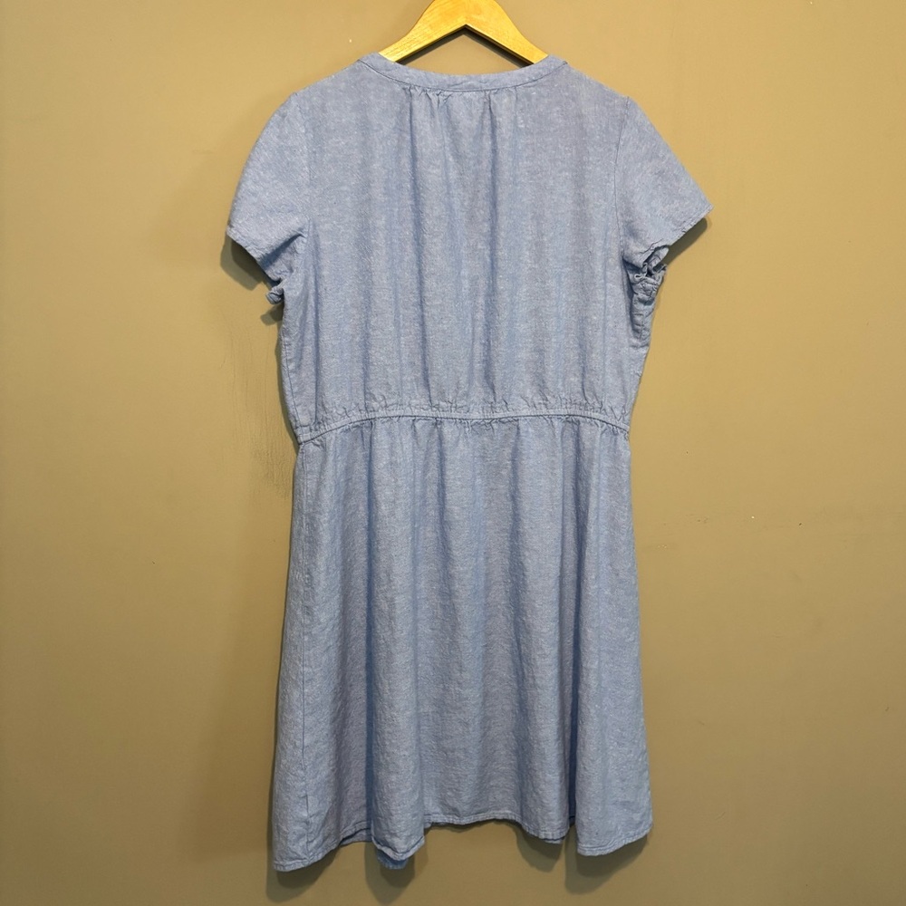 LIZ CLAIBORNE Linen Blend Denim Blue V-Neck Dress, w/Neck Embellishment - Picture 2 of 7
